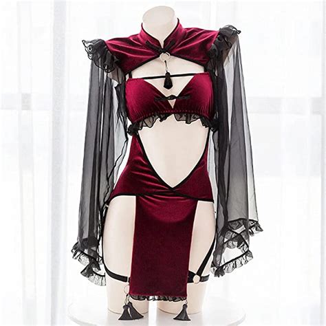 O J B K Punk Gothic Black Red Lace Sexy Lingeriefor Women Maid