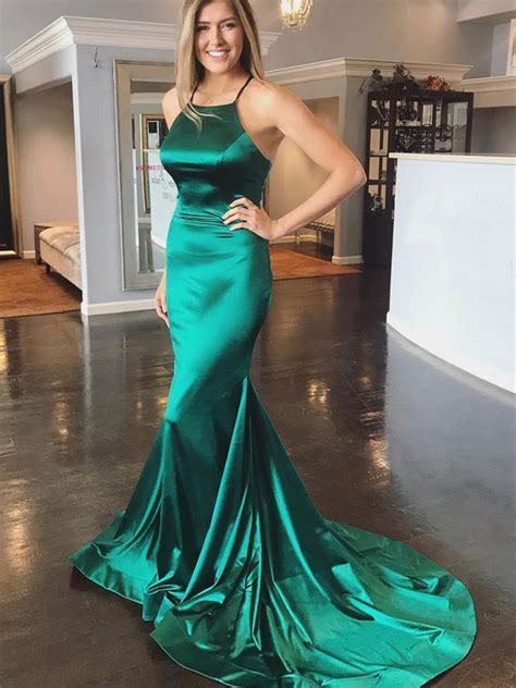 Elegant Green Mermaid Backless Satin Long Prom Dresses With Sweep Trai Morievent