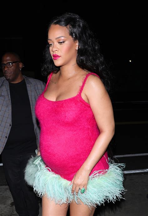 pregnant rihanna rocks hot pink mini dress with feathers for dinner in