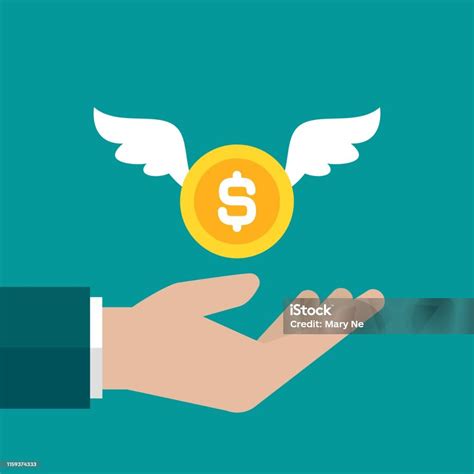 Hand With Gold Dollar Coin With Wings Vector Flat Illustration On Blue