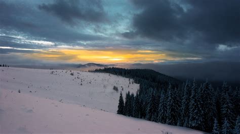 Download Wallpaper 1600x900 Winter Mountains Forest Snow Sunset