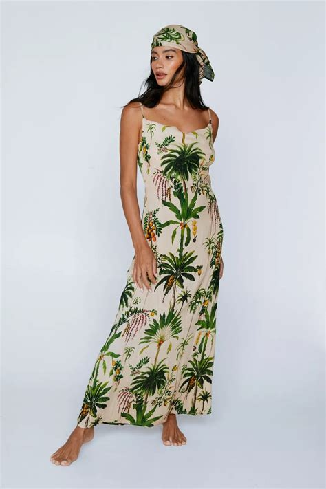 Crinkle Viscose Palm Tree Cowl Maxi Dress And Headscarf Set In 2023