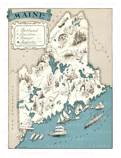 Maine Map Printable Maine Map Map Wall Decor Coastal Decor Etsy
