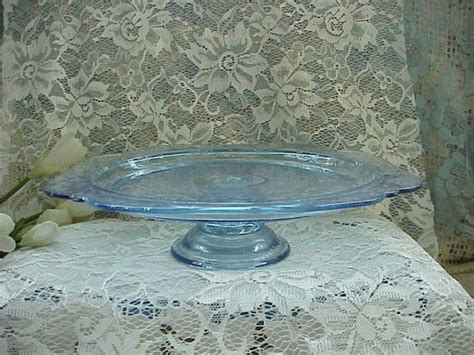 Blue Depression Glass Pedestal Cake Plate Madrid Pattern