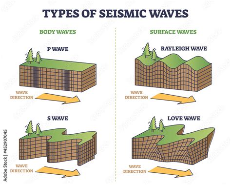 Types Of Seismic Waves As Earth Movement In Earthquake Outline