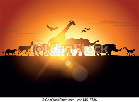 Sunset Safari Wildlife Silhouetted Against A Sunset Vector