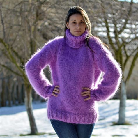 Purple Sweater Hand Knit Mohair Pullover Fuzzy Turtleneck Etsy