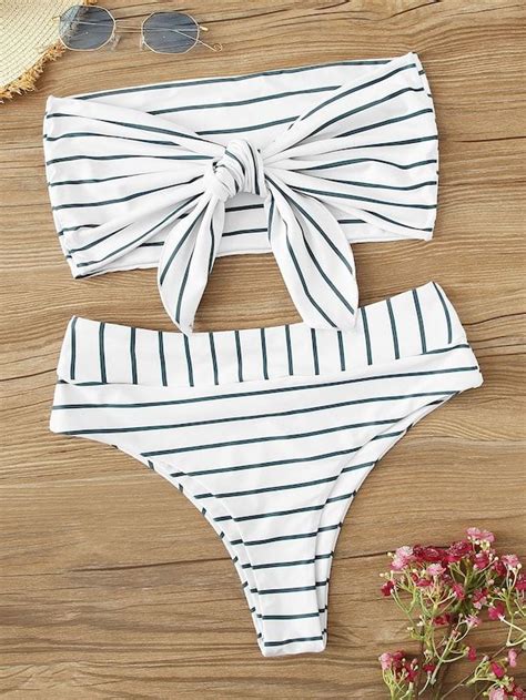 striped tie front bandeau with high waist bikini set shein womens swimsuits bikini bikini