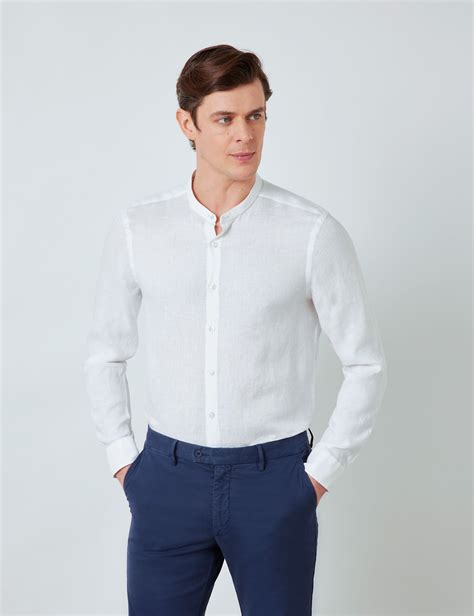 Linen Collarless Relaxed Slim Fit Shirt In White Hawes And Curtis