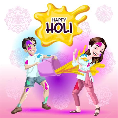 Premium Vector Holi Greetings With Cheerful Boy And Girl Playing With