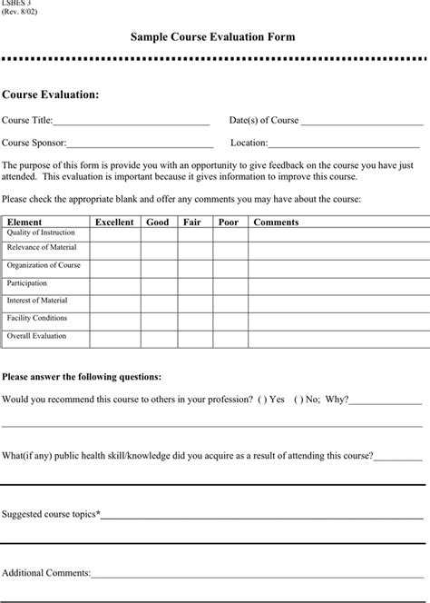 Free Course Evaluation Form Pdf 60kb 1 Pages