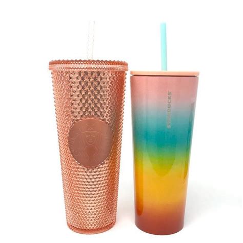 2 Starbucks Reusable Cold Cups With Lids And Straws Rainbow And Rose