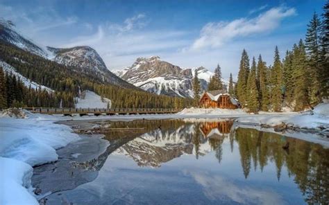 Landscape Lake Cabin Winter Mountain Snow Reflection Forest Sunset