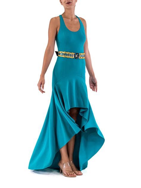 2000s Oscar De La Renta Cerulean Blue Woolspandex Gown With Jeweled