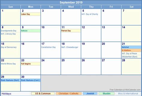 September 2019 Calendar With Holidays For Usa Uk Canada India