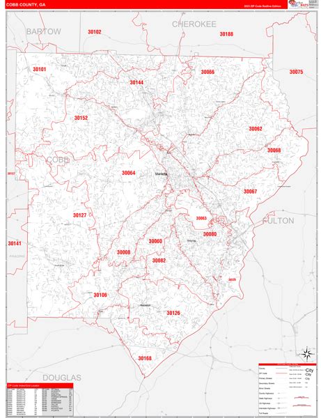 Cobb County Ga Zip Code Wall Map Red Line Style By Marketmaps Mapsales