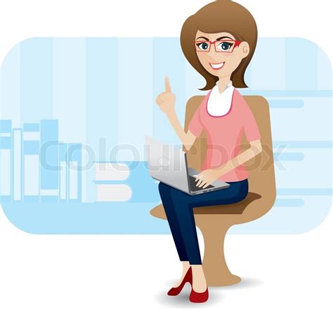 Illustration Of Cartoon Cute Girl With Laptop At Office Stock Vector
