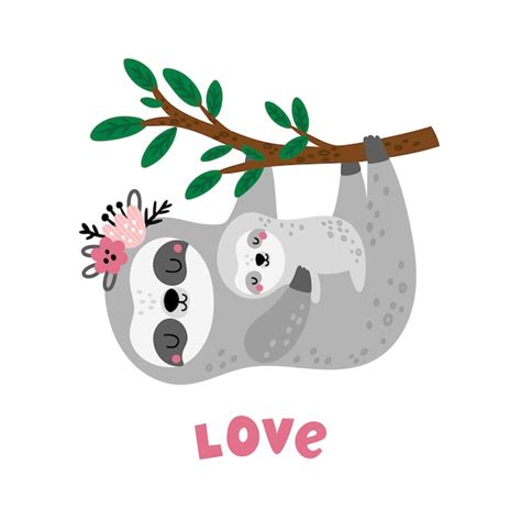 Premium Vector Cute Sloths Mom And Baby Sloth Hanging On A Tree
