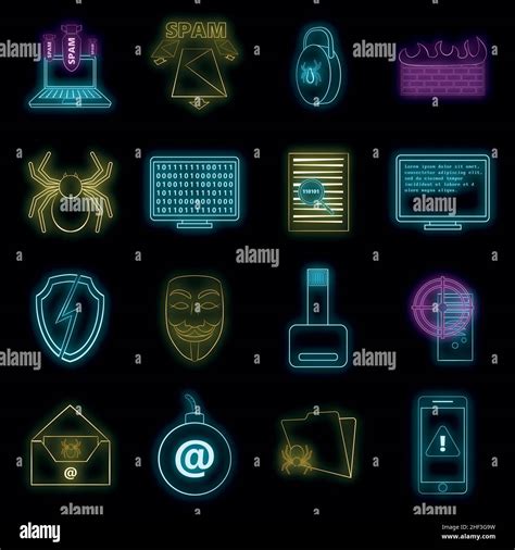Computer Security Icons Set In Neon Style Cyber Virus Set Collection