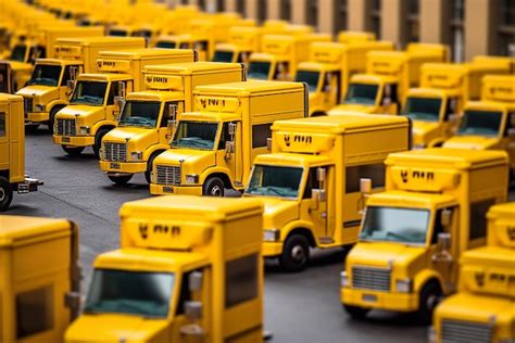 Premium Ai Image A Lot Of Yellow Trucks Parked In A Parking Lot