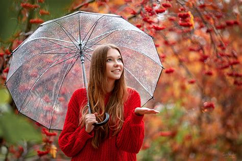 Wallpaper Model Brunette Portrait Red Sweater Looking Up Smiling Rain Umbrella Long