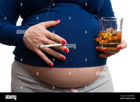 Close Up Of Pregnant Woman Holding Cigarette And Whiskey Isolated On White Background As