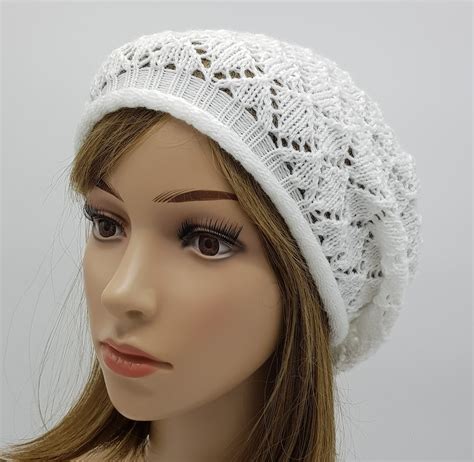 White Lace Beret Women Beanie Slouch Hat For Women Slouchy Etsy Uk