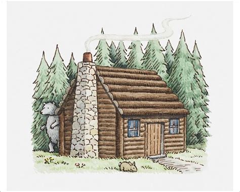 Prints Of Illustration Of Log Cabin With A Bear Emerging Form The Woods