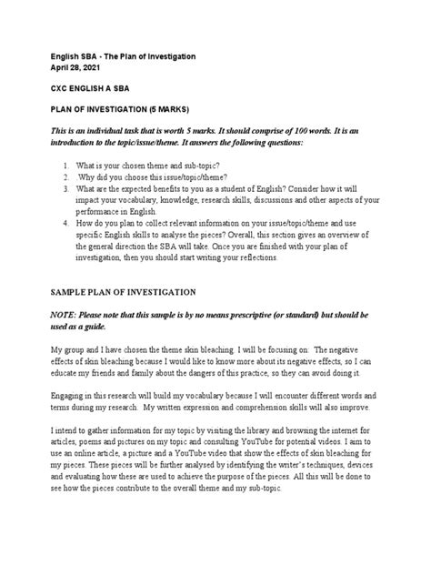 Sample Plan Of Investigation English Sba Ornmoms