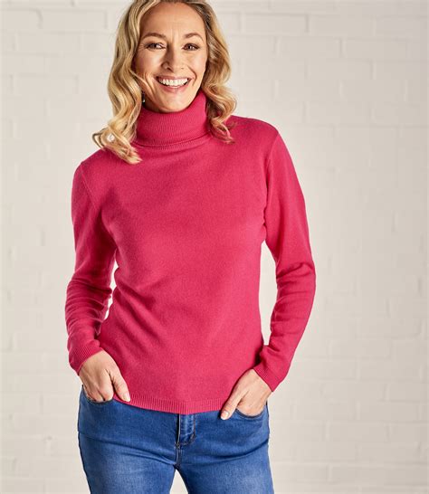 Fuchsia Pink Womens Cashmere And Merino Fitted Polo Neck Knitted Jumper