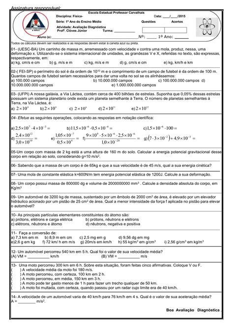 Prova De Fisica 1 Ano Ensino Medio Educa