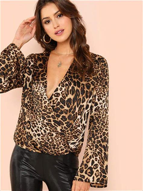 women s flounce sleeve leopard print v neck wrap blouse women ruffle blouse fashion flounce