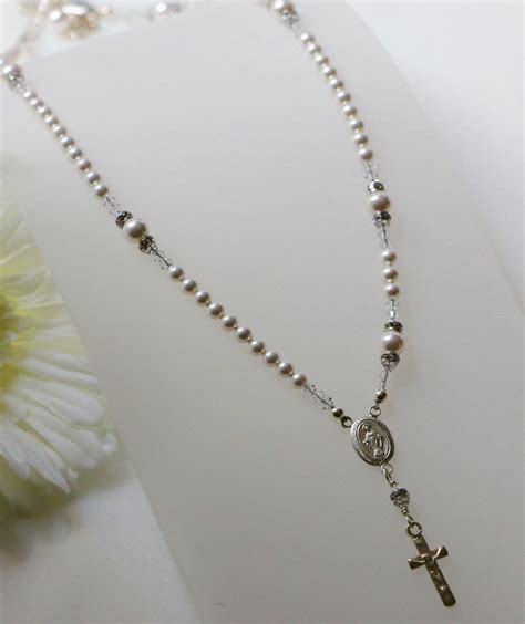 Swarovski White Pearl Catholic Rosary Necklace In Sterling Silver