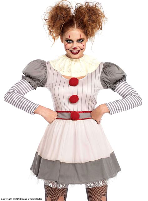 Creepy Female Clown From It Costume Dress Long Sleeves Collar Pom