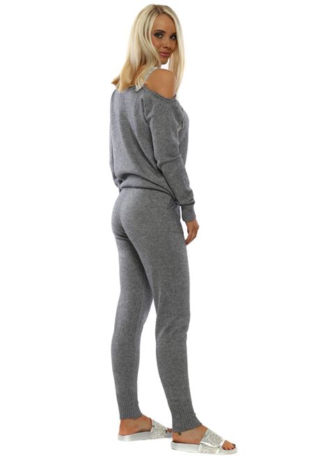 Grey Soft Knit Diamonte Tassel Co Ord Set Jumper Style Soft Knits