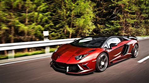 Dark Red Lamborghini Aventador On The Road In The Woods Wallpapers And