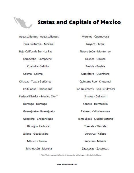 Free Printable States And Capitals Of Mexico List States And Capitals