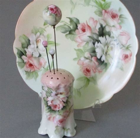 Antique Handpainted Porcelain Hat Pin Holder Cabinet Plate Roses