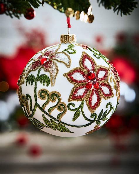 White Glass Ball Christmas Ornament With Flowers And Leaves White