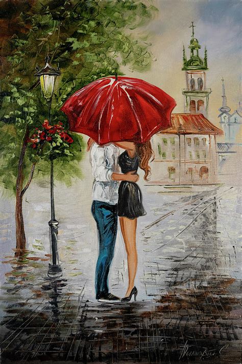 Romantic Couple Under Umbrella Oil Painting Original Love In The City
