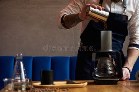 Barista Making Coffee At Counter Barclose Up Stock Image Image Of