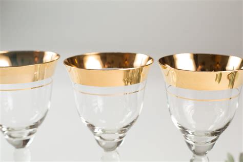 6 Wine Glasses Gold Banded Vintage Apéritif Cocktail Glasses Gold Rimmed Hollywood Regency