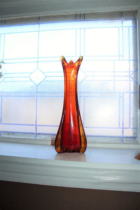 Large Vintage Venetian Swung Glass Vase Handmade Red Yellow 1960s