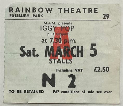 David Bowie Iggy Pop Original Concert Ticket Rainbow Theatre London 5th