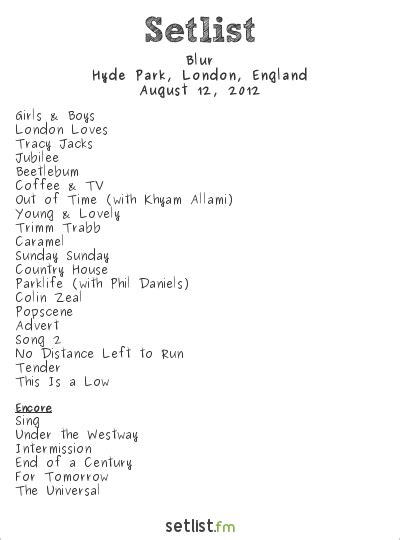 Blur Tour 2023 Setlist
