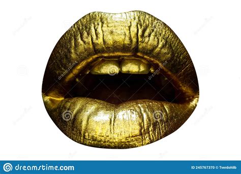 Sensual Golden Woman Lips Womans Gold Lip Female Mouth Close Up With Golden Lipstick Glossy