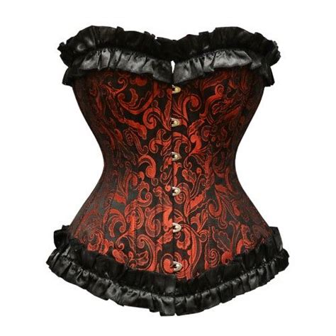 GE 290 Black And Red Steelboned Brocade With Pleated Trim Steel