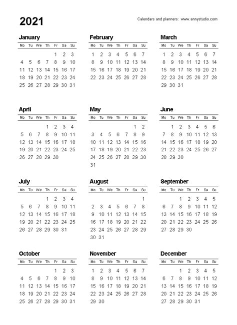 This printable 2021 calendar presents each month on a full page with fillable date boxes and government and religious holidays written in blue. Take Yearly Calendar Printable 2020 Start On Monday ...