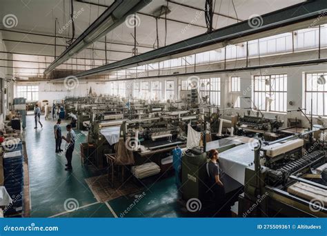 Textile Factory With Machines And Workers Creating Fabric Stock Image