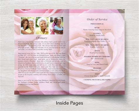 Pink Rose Funeral Program Template Obituary Template Order Etsy